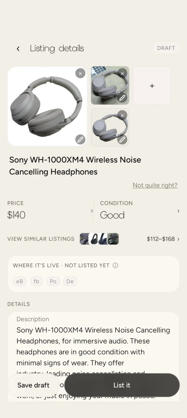 The Sellty draft: photos you can add to or edit, the written title, a suggested price and condition, and a row of similar listings.