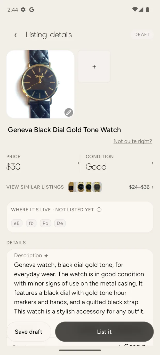 The Sellty draft screen: a photo of an item, the title Sellty wrote for it, a suggested price and condition.