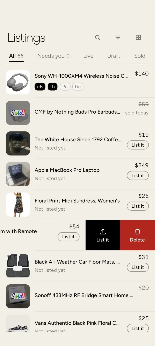 The Sellty listings screen, each row showing which marketplaces hold a live copy and which have sold.
